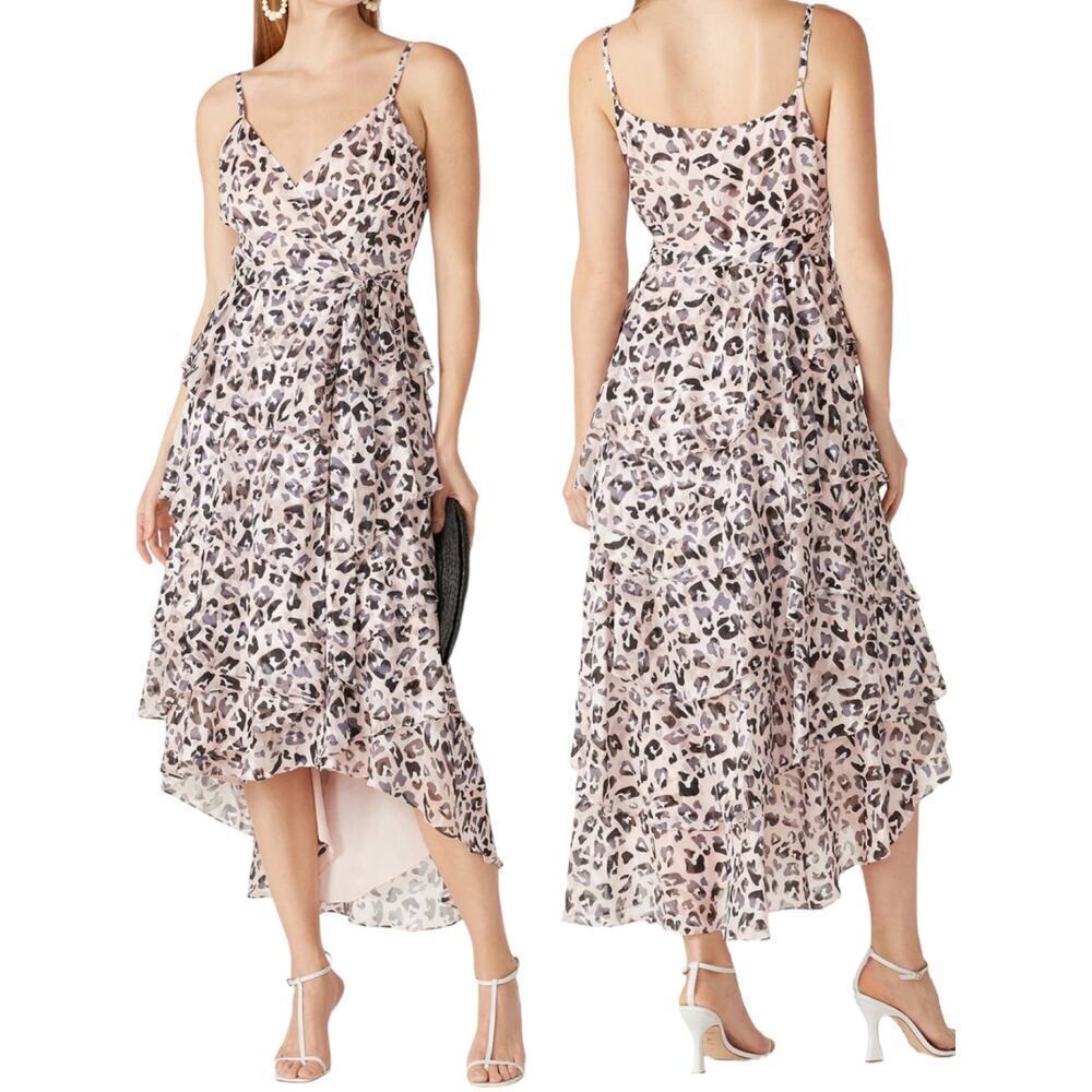 Hutch Elsa Pink Black Animal Print Ruffle Hem Crepe Wrap Dress Size Small